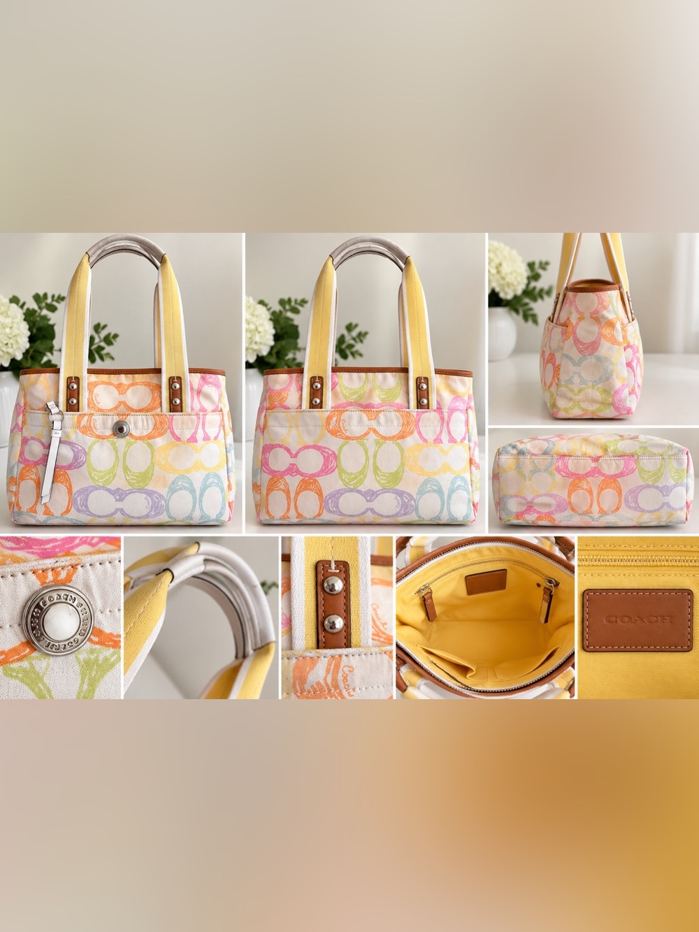 Coach Multicolor Signature C Print Canvas Tote Bag Yellow White Leather Trim